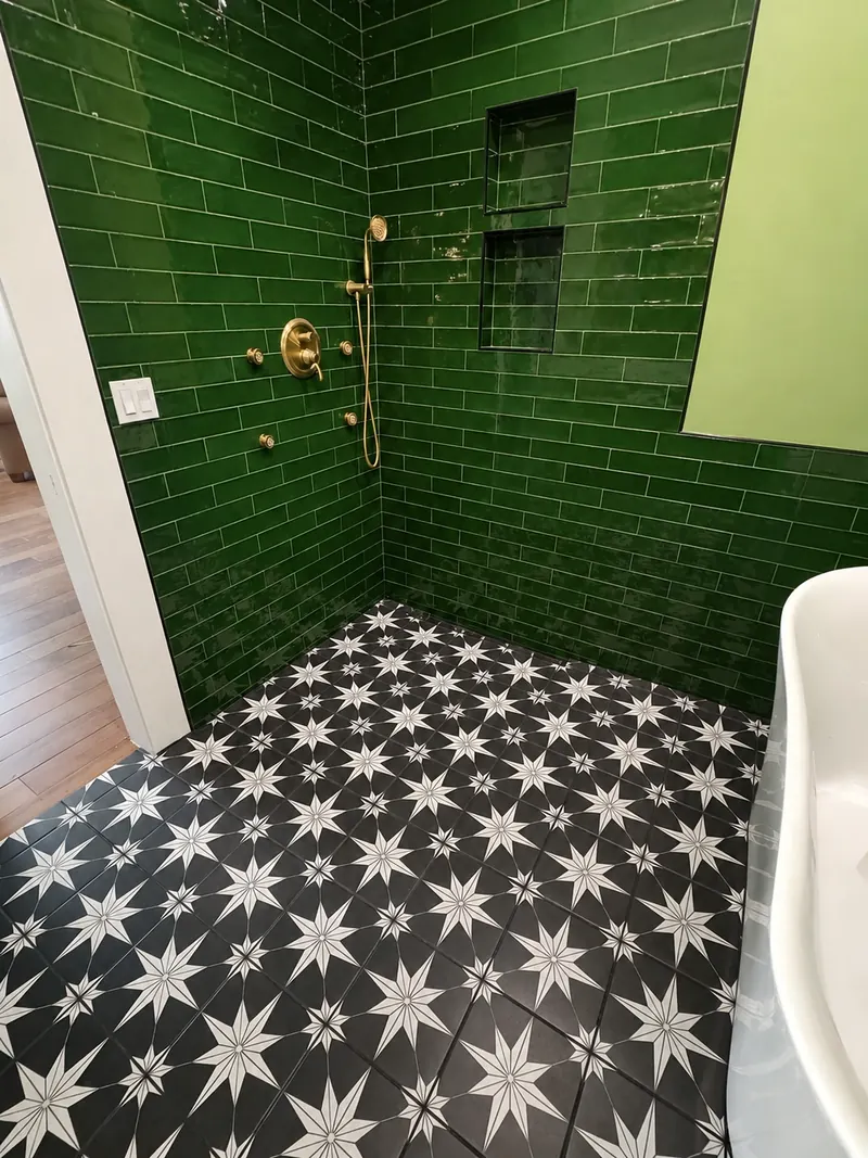 Green tile shower and patterned tile floor, Bathroom Renovation 3 by Altitude Renovation
